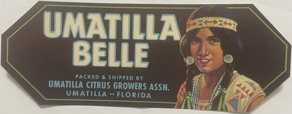 Vintage Umatilla Belle Crate Label 🍊 Native American Beauty, Umatilla Florida Citrus Art