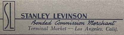 Vintage produce crate label for Stanley Levinson Bonded Commission Merchant, Terminal Market Los Angeles, with stylized "SL" 