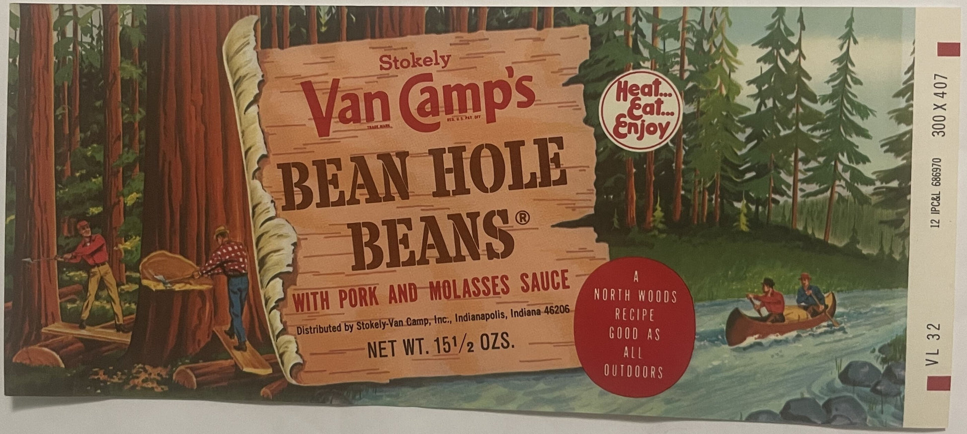 Vintage Van Camp's Bean Hole Beans label featuring woodsmen, tall redwoods, and a canoe on a forest river, net weight 15½ oz.