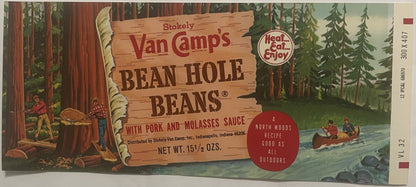 Vintage Van Camp's Bean Hole Beans label featuring woodsmen, tall redwoods, and a canoe on a forest river, net weight 15½ oz.
