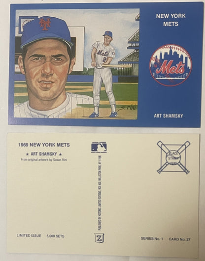 Vintage 1969 New York Mets postcard featuring Art Shamsky with portrait and full-body baseball illustration on blue backgroun