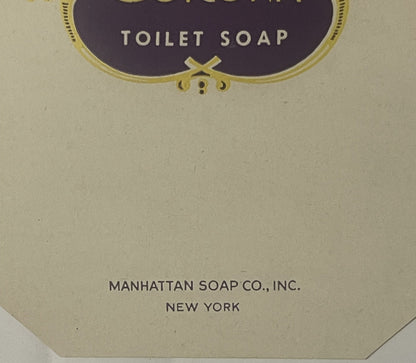 Close-up of the Corona label's lettering: CORONA, TOILET SOAP and MANHATTAN SOAP CO., INC. NEW YORK