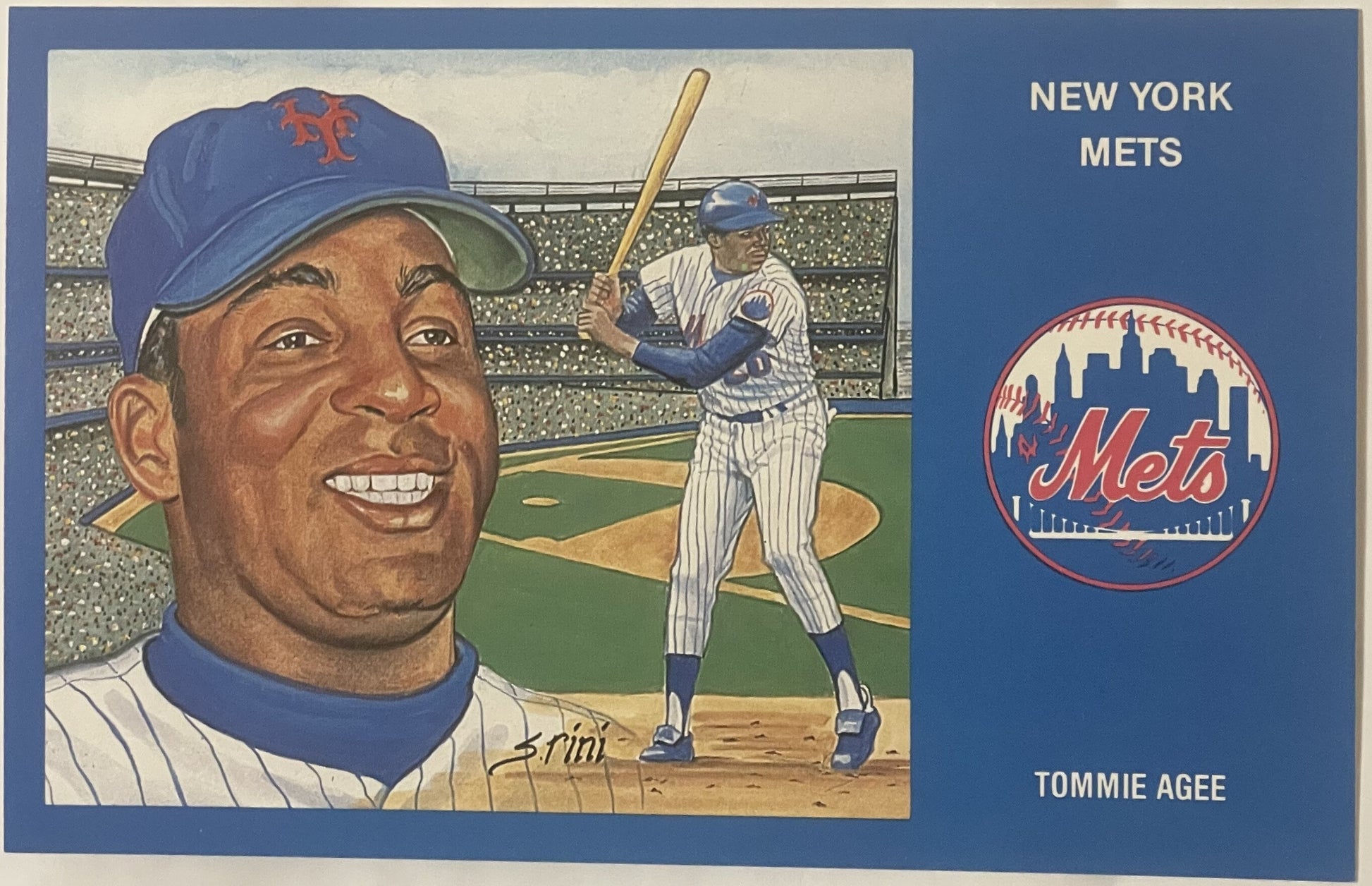 Vintage postcard featuring illustrated portrait of Tommie Agee in NY Mets uniform with baseball action scene, blue border and