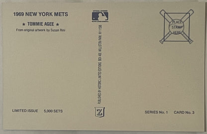 Back of vintage postcard featuring 1969 New York Mets Tommie Agee, cream-colored with MLB logo, text, and stamp placement box