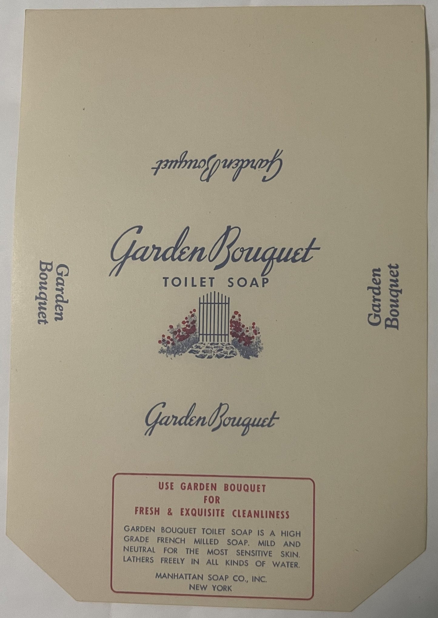 Cream-colored vintage soap label for Garden Bouquet toilet soap by Manhattan Soap Co., New York, featuring script text and a 