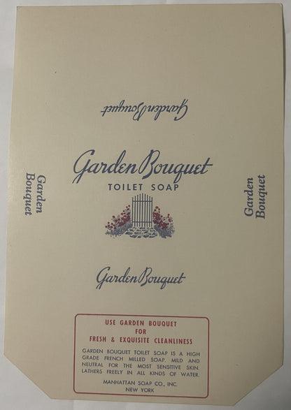 Cream-colored vintage soap label for Garden Bouquet toilet soap by Manhattan Soap Co., New York, featuring script text and a 