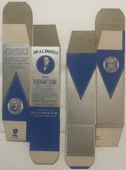 Vintage 1951 Dr. A.C. Daniels Dog Vermi‑Kap Medicine Box — Boston Veterinary History 🏛️