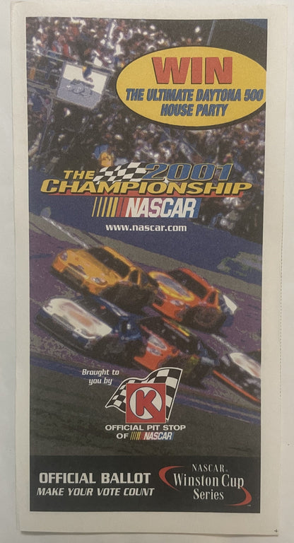 Vintage 2001 NASCAR Winston Cup Series official ballot featuring racing cars and Daytona 500 house party promotion by Kmart