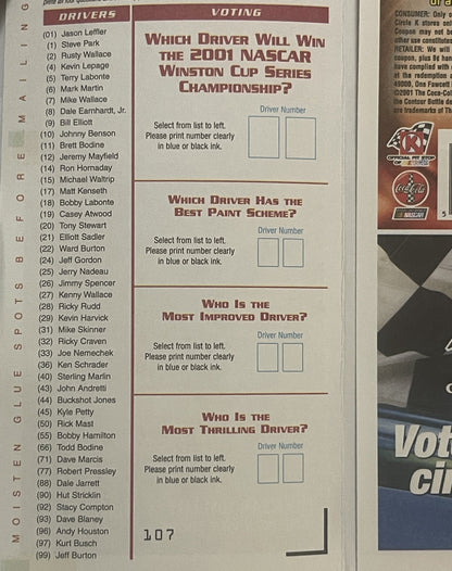 2001 NASCAR Winston Cup voting ballot with driver list numbered 1-99 and four questions about championship winner, best paint