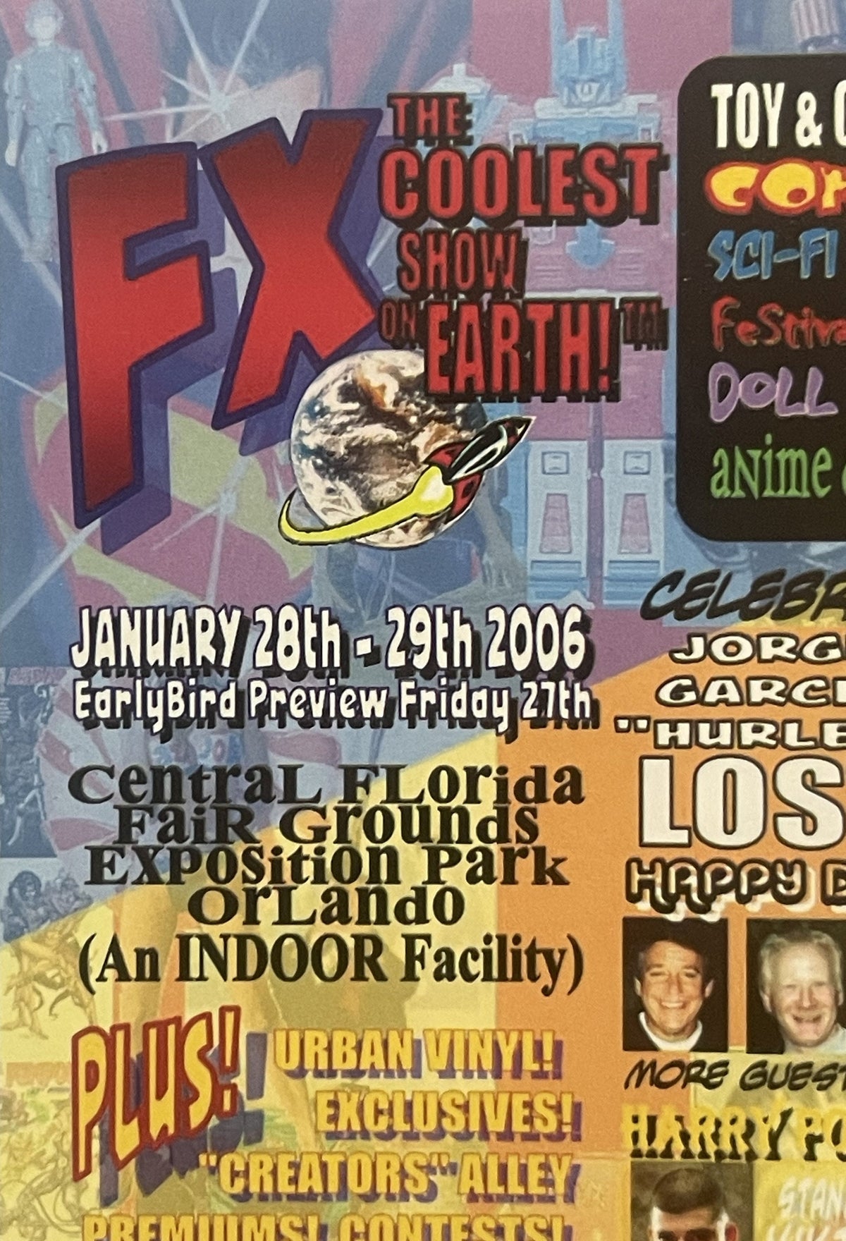 Colorful 2006 FX convention flyer featuring large red letters, Earth planet logo, event details for Orlando Fair Grounds