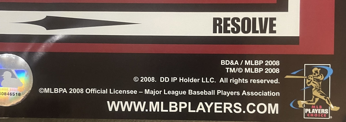 Close-up of MLB licensing text and logos on poster bottom, showing "RESOLVE" header, 2008 copyright information, MLBPA licens