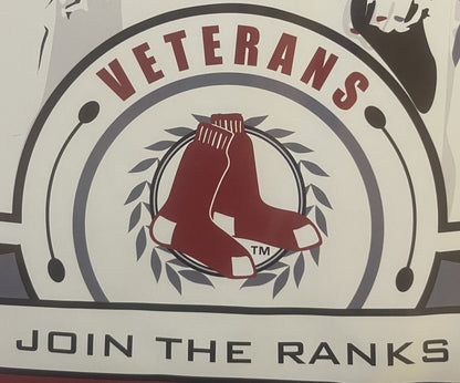 Boston Red Sox "Veterans Join the Ranks" circular logo poster with maroon socks emblem and laurel wreath design on cream back