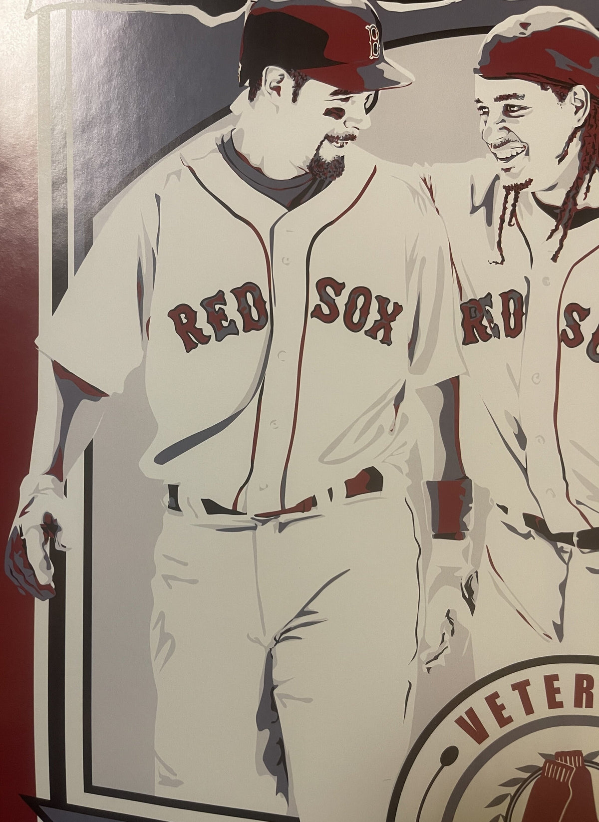 Vintage Boston Red Sox poster featuring illustrated baseball players in cream uniforms with red "RED SOX" text and red caps, 