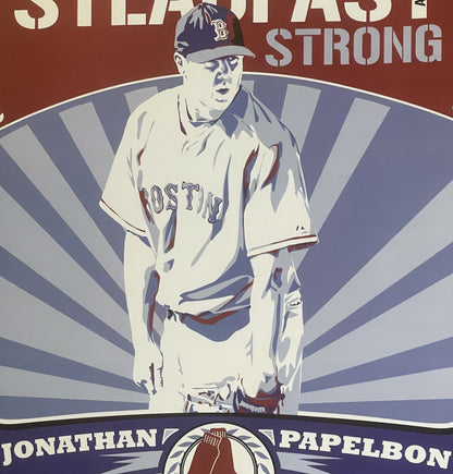 Vintage Boston Red Sox poster featuring pitcher Jonathan Papelbon in cream uniform against blue radiating background with "St