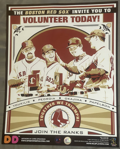 Vintage Boston Red Sox volunteer recruitment poster featuring four players in uniforms holding trophies, with "Together We Tr