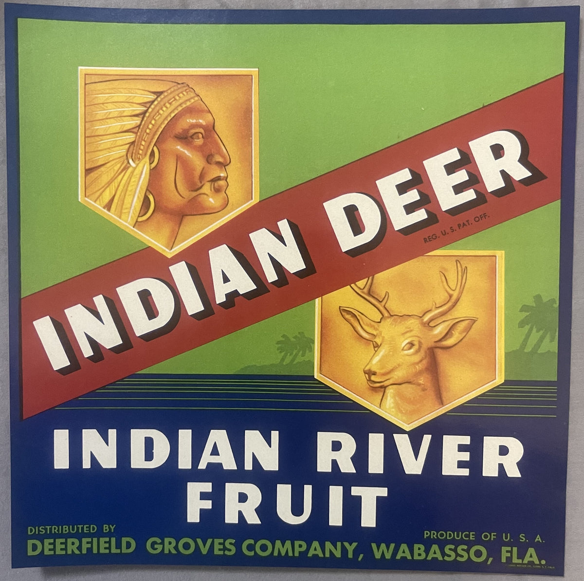 Vintage fruit crate label featuring Native American chief and deer head on green and blue background with red diagonal banner