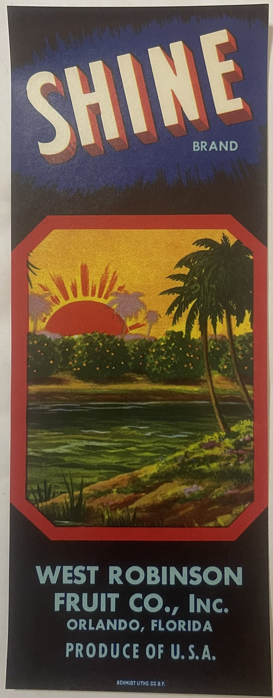 Vintage "Shine Brand" fruit crate label featuring tropical sunset scene with palm tree, issued by West Robinson Fruit Co.