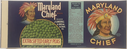 Vintage Maryland Chief Brand peas label showing Native American chief portrait, green peas, and product details from J.