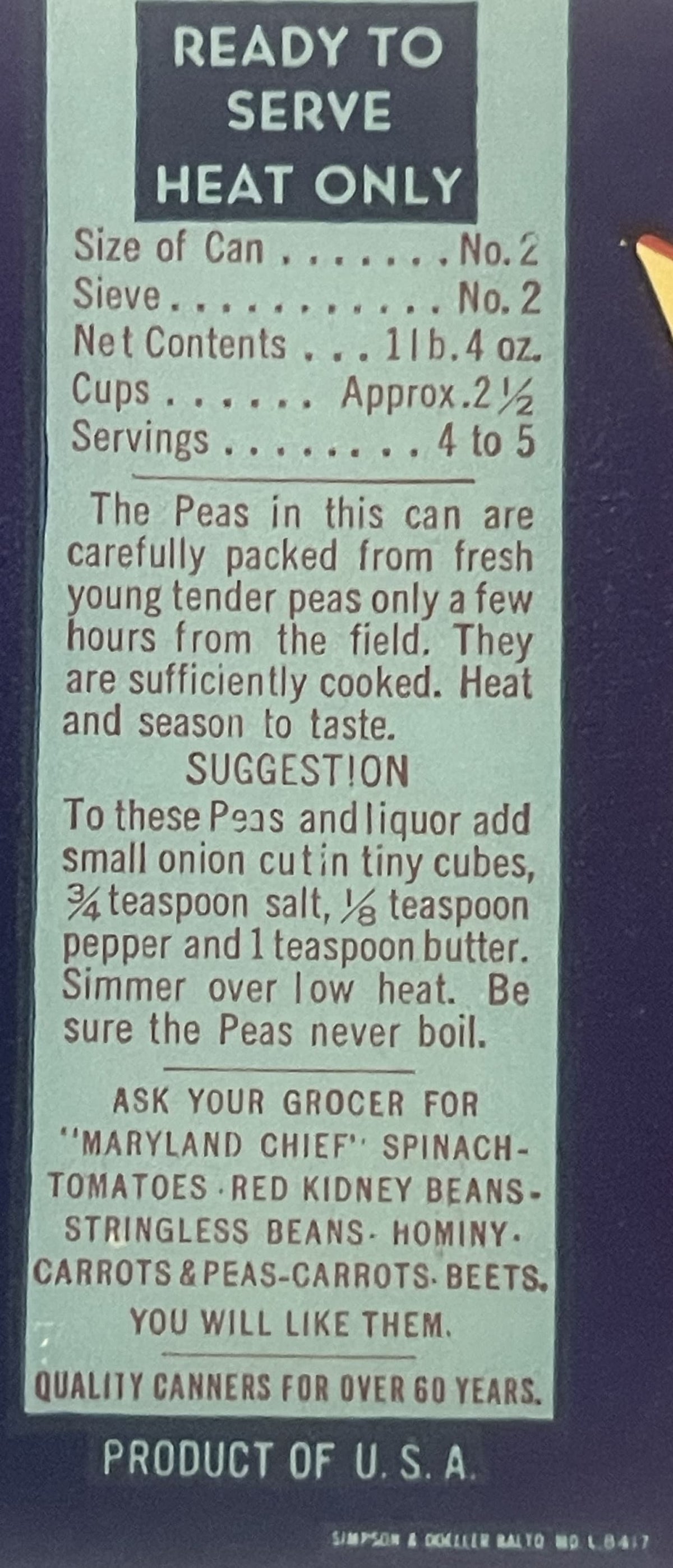 Vintage peas can label with pale green background and dark gray header, showing cooking instructions and product details