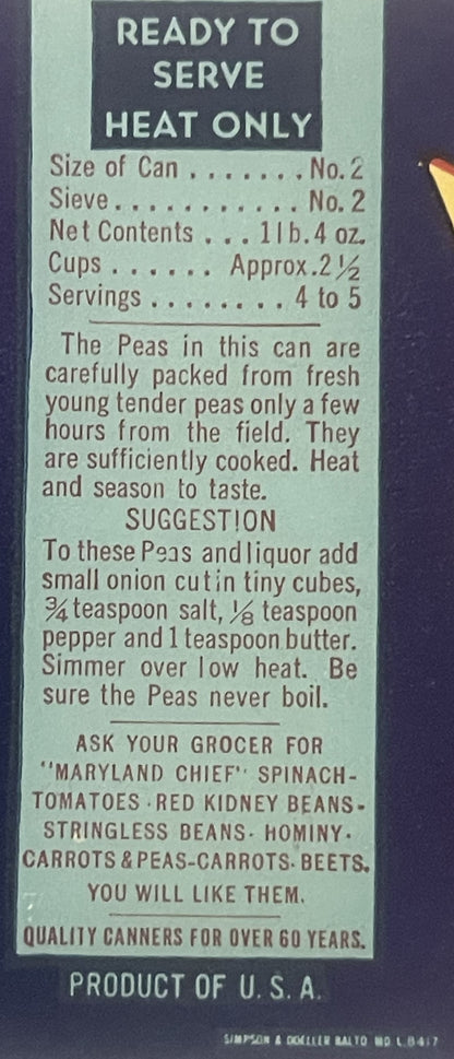 Vintage peas can label with pale green background and dark gray header, showing cooking instructions and product details