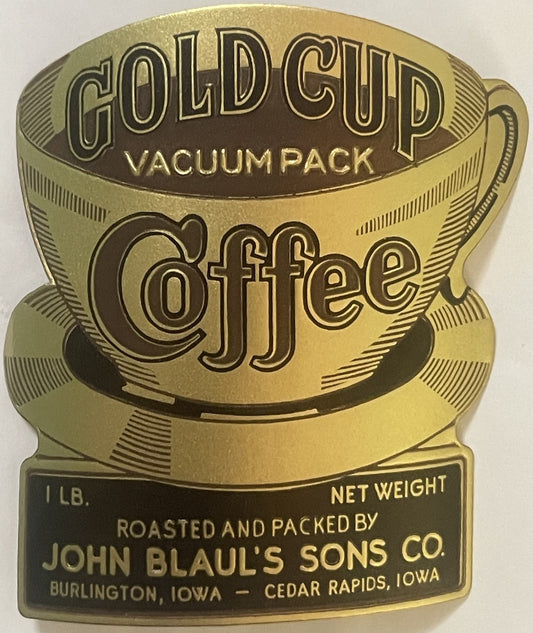 Antique 1920s Gold Cup Embossed Coffee Label ☕👑 Iowa Vacuum Pack