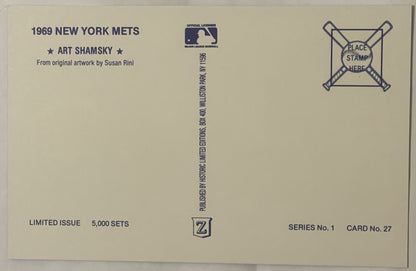 Reverse side of cream-colored postcard for 1969 Art Shamsky NY Mets card, Series No. 1 Card No. 27, limited to 5,000 sets, wi