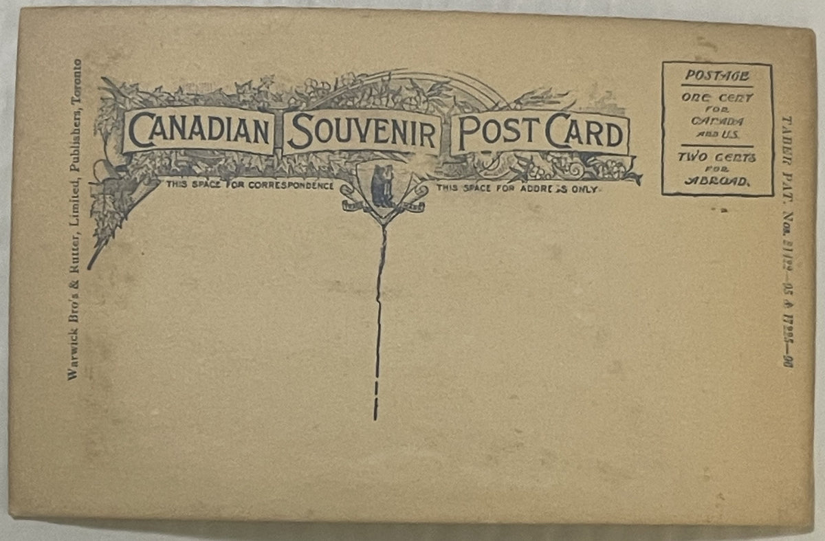 Blank vintage Canadian souvenir postcard with ornate header, postage information box, and publisher mark from Warwick Bros & 