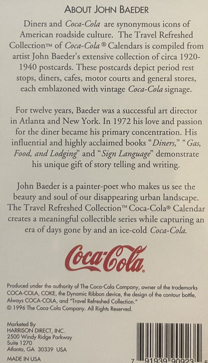 Back cover of vintage Coca-Cola calendar showing beige text about artist John Baeder, red Coca-Cola logo, copyright 1996, and