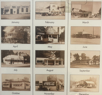 Vintage Coca-Cola calendar with twelve sepia-toned photographs of roadside diners and restaurants, one for each month from Ja
