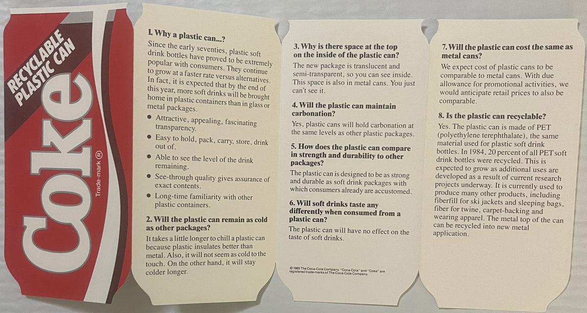 Vintage 1985 Coca-Cola plastic can brochure opened flat showing red can image and FAQ text panels explaining
