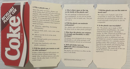 Vintage 1985 Coca-Cola plastic can brochure opened flat showing red can image and FAQ text panels explaining