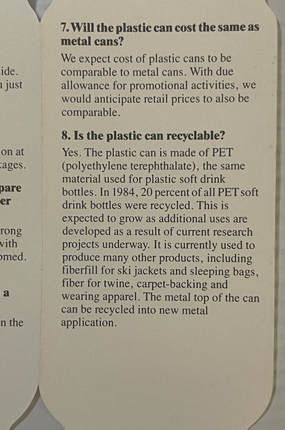 Vintage 1985 Coca-Cola plastic can brochure showing questions 7 and 8 about cost comparison and recyclability of PET plastic 