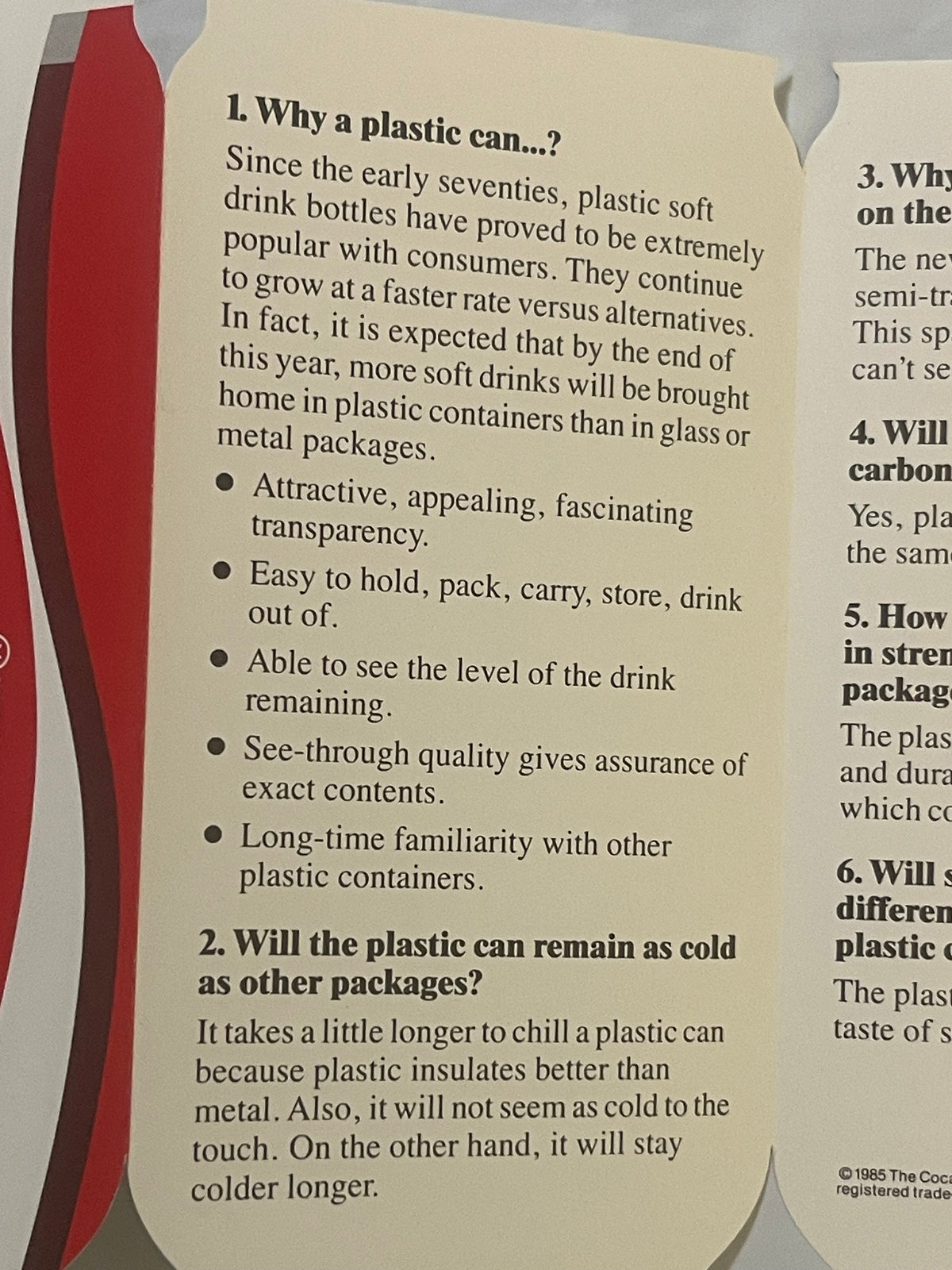 Cream-colored brochure page with red bottle graphic, text explaining benefits of plastic soft drink cans including