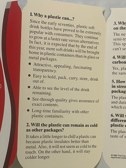 Cream-colored brochure page with red bottle graphic, text explaining benefits of plastic soft drink cans including