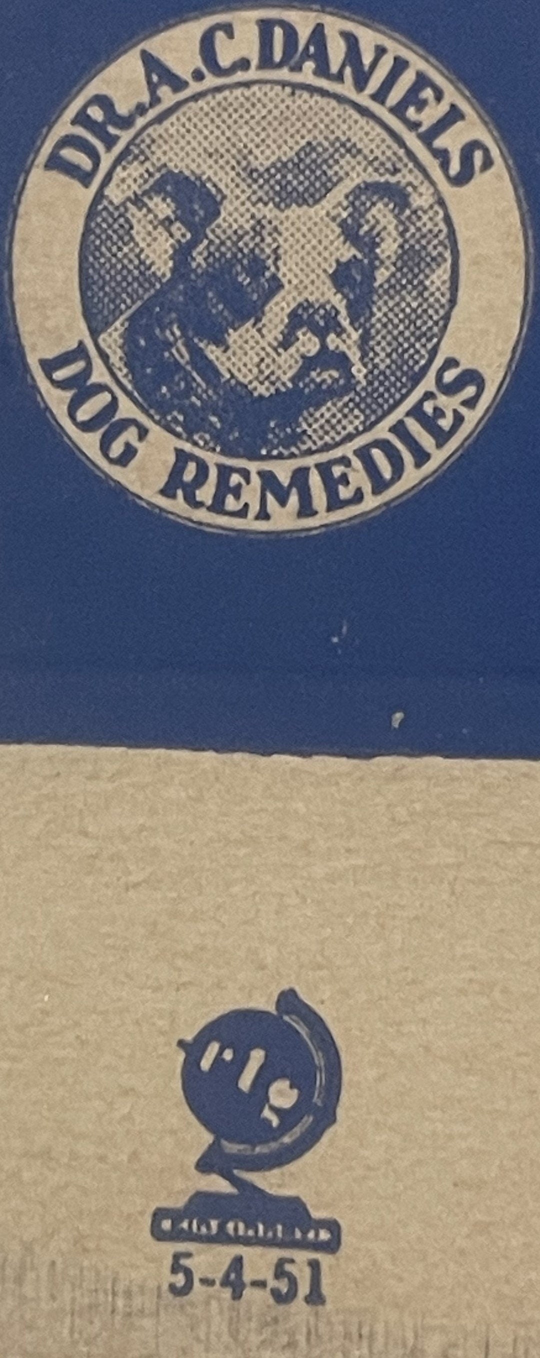 Vintage Dr. A.C. Daniels Dog Remedies box from 1951 showing circular logo with dog's face and manufacturer mark on cream and 