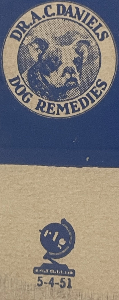 Vintage Dr. A.C. Daniels Dog Remedies box from 1951 showing circular logo with dog's face and manufacturer mark on cream and 