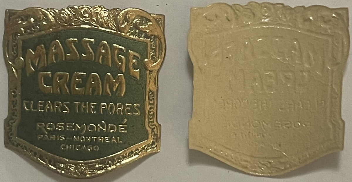 Antique brass massage cream jar label, front and back views, embossed with "Mustache Cream" text and Paris, Montreal, Chicago