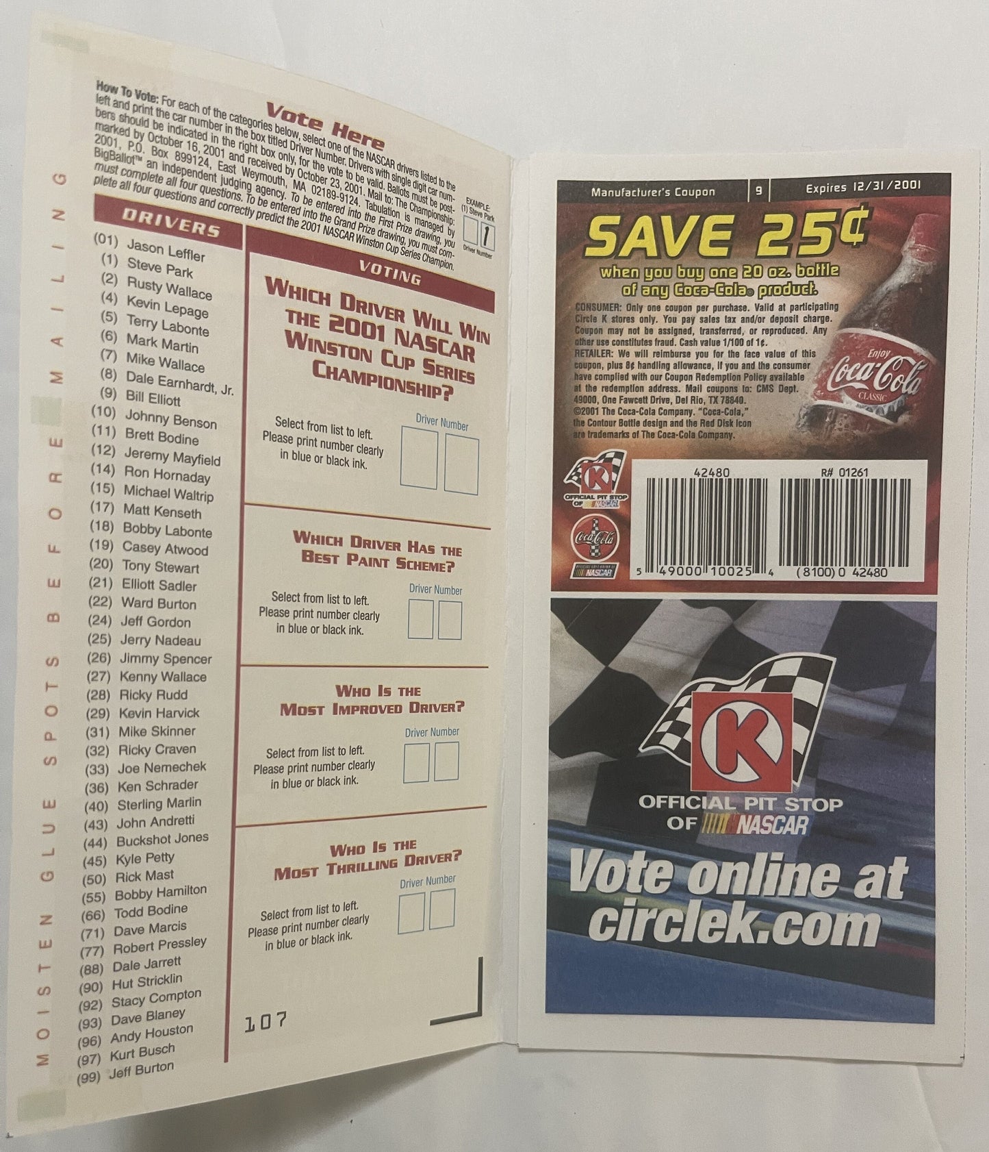 Vintage 2001 NASCAR Winston Cup voting ballot with driver list and Coca-Cola coupon, flat lay on white surface
