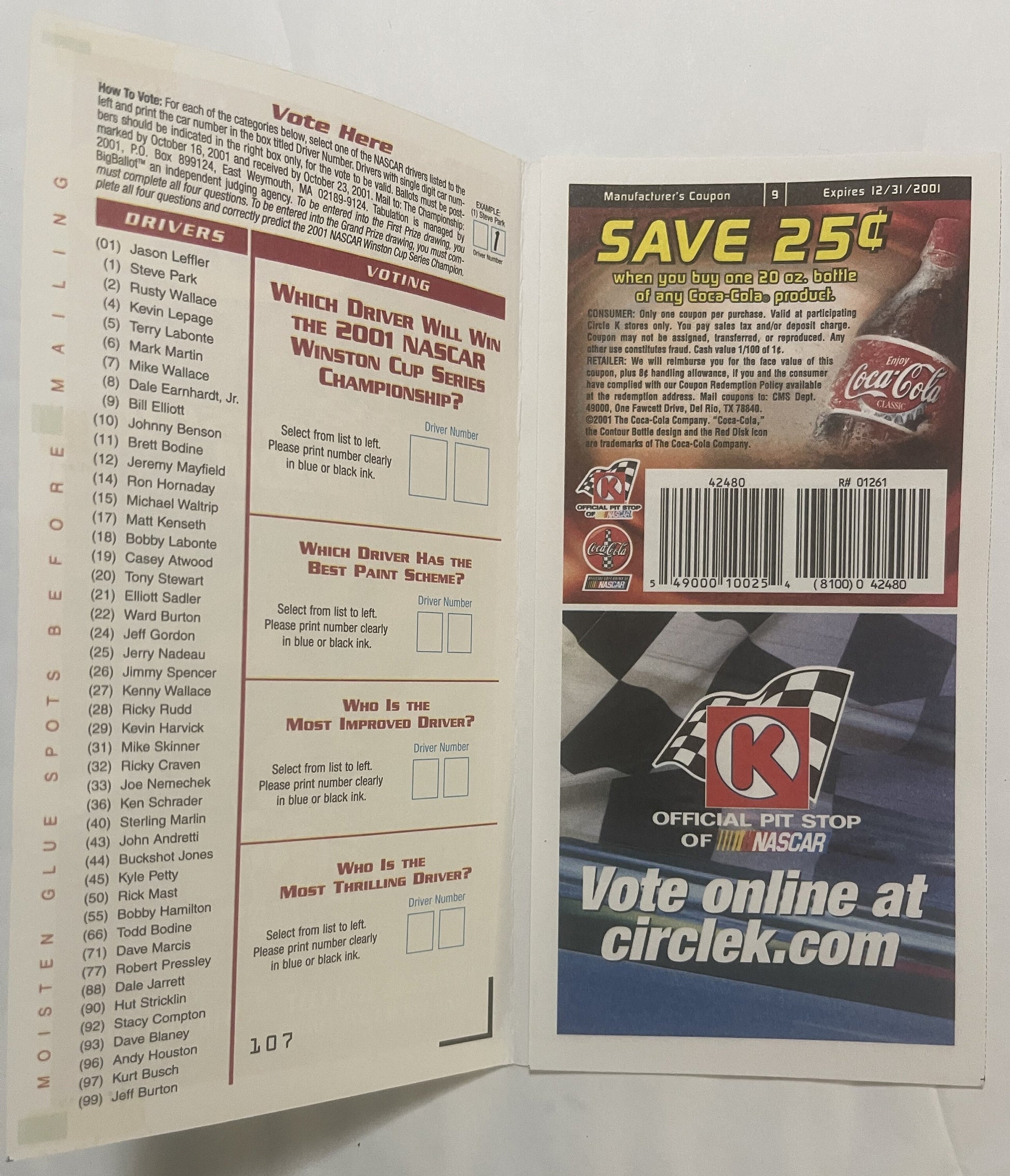 Vintage 2001 NASCAR Winston Cup voting ballot with driver list and Coca-Cola coupon, flat lay on white surface