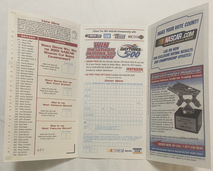 Open pages of 2001 NASCAR Winston Cup ballot showing driver list, voting questions, and entry form for Daytona 500 house part