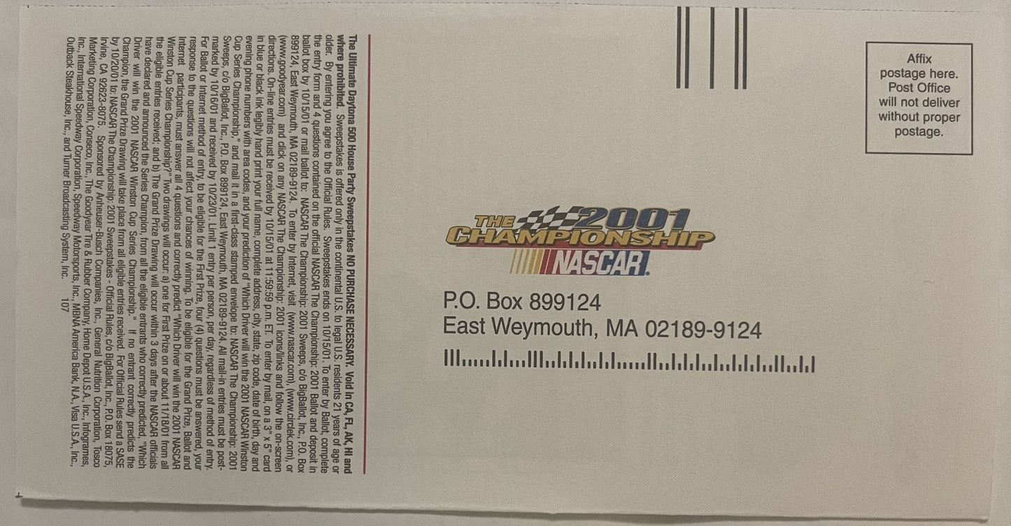 Vintage 2001 NASCAR Championship ballot postcard addressed to East Weymouth, MA with Winston Cup logo and barcode