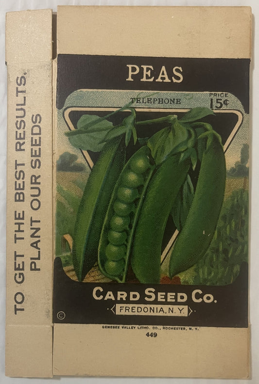Antique Card Seed Co. Telephone Peas Seed Box 🌱 Fredonia NY, NOS Unassembled, Genesee Valley Litho, 15c