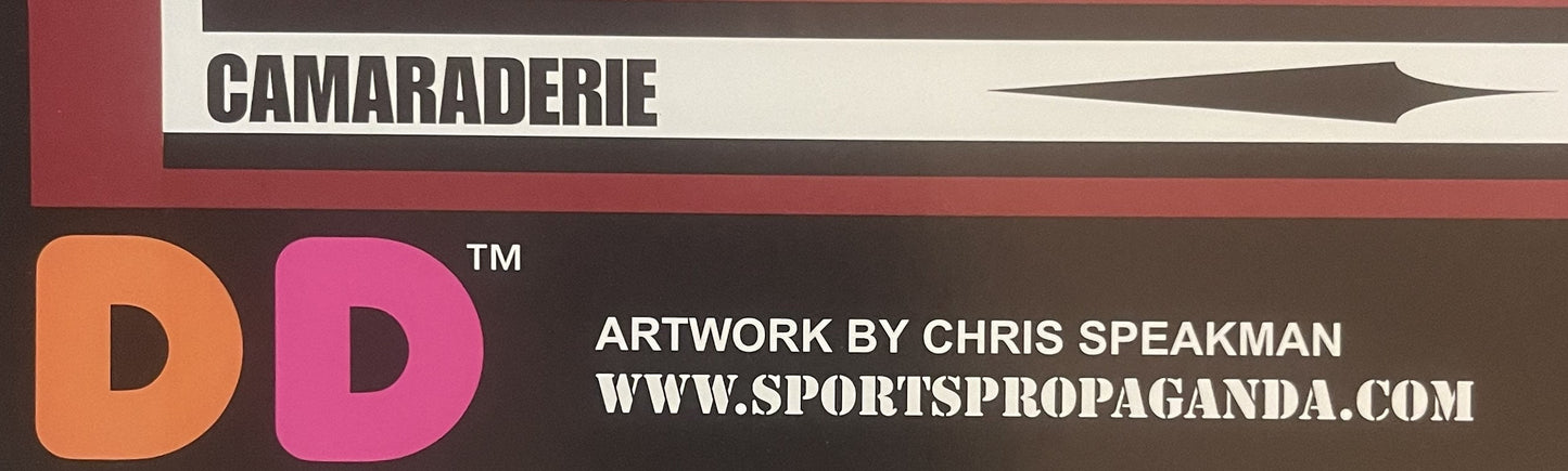Close-up of poster header showing "Camaraderie" text and "DD" logo in orange and pink with "Artwork by Chris Speakman" credit
