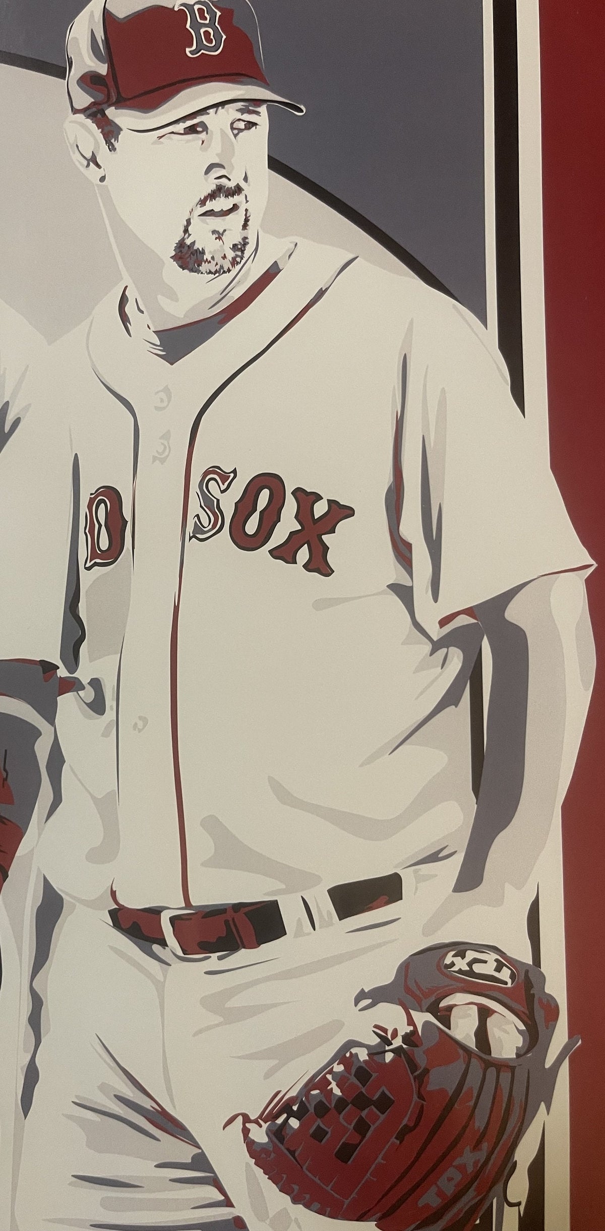 Stylized portrait of a Boston Red Sox player in cream uniform with "SOX" across chest, wearing red "B" cap and holding baseba