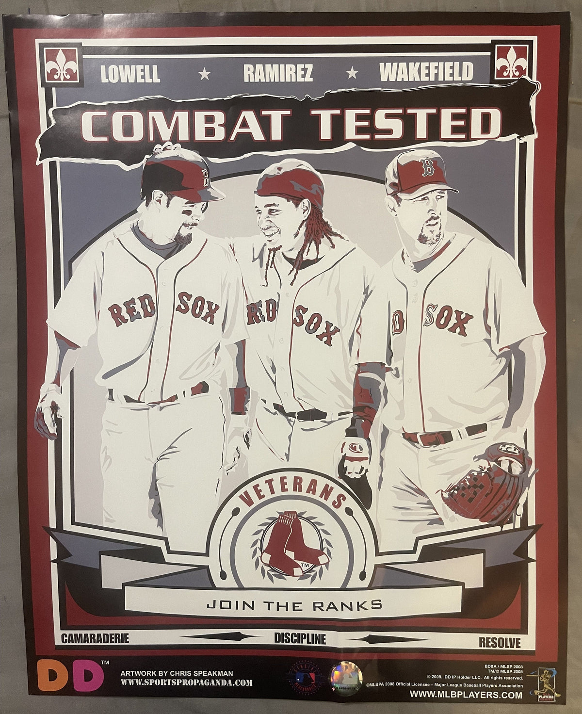 Boston Red Sox vintage poster featuring three players in uniforms labeled Lowell, Ramirez, and Wakefield, with "Combat Tested