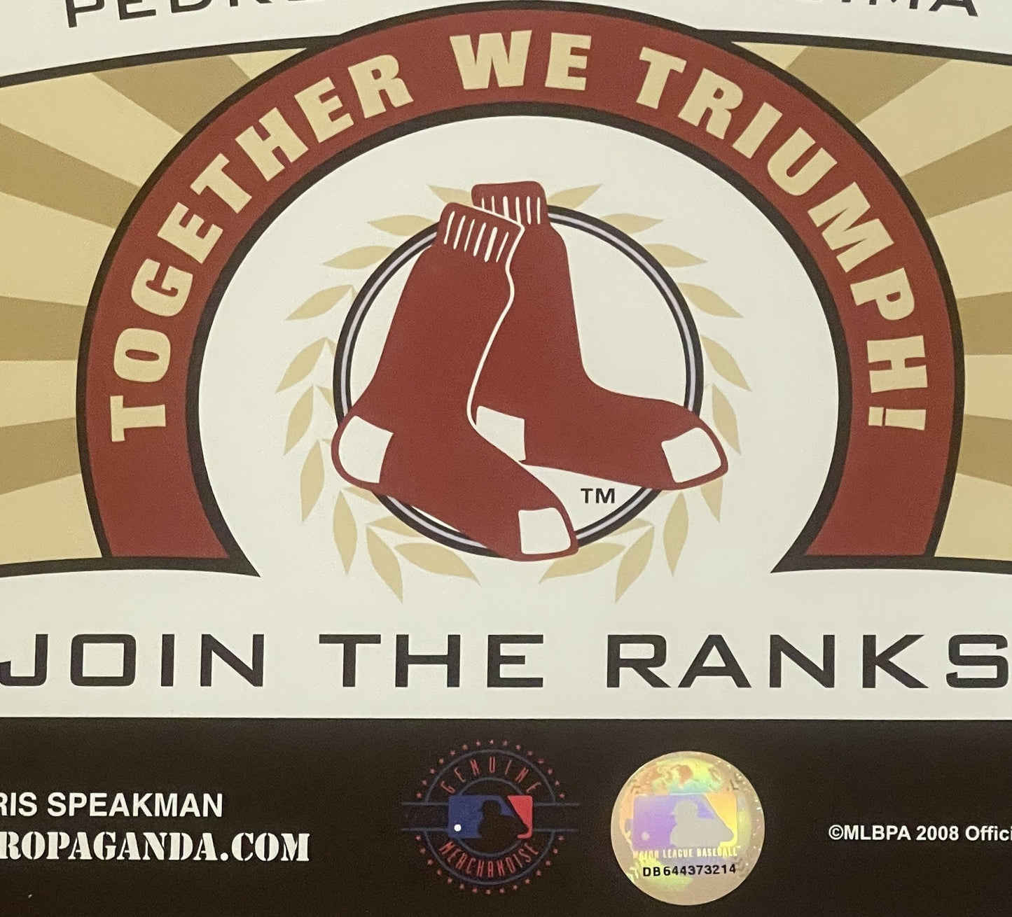 Vintage Boston Red Sox promotional poster with red sock logo, "Together We Triumph Join The Ranks" text, MLB and Dunkin' logo