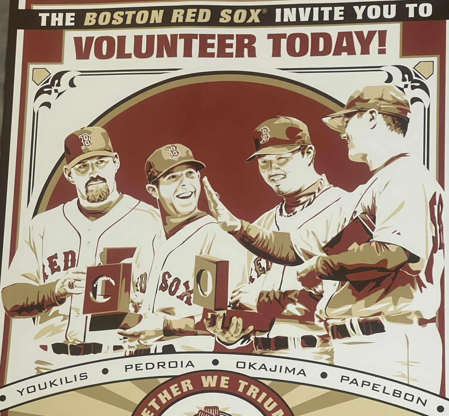 Vintage Boston Red Sox volunteer recruitment poster featuring four illustrated players with "Youkilis, Pedroia, Okajima, Pape
