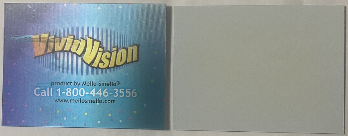 Vintage lenticular card with "Trekvision" logo, contact information for Mello Smello, shown front and back against neutral