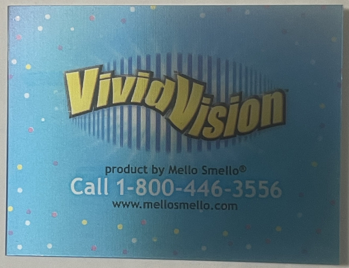 Vivid Vision lenticular card with blue background, colorful dots, yellow 3D logo, and contact details for Mello