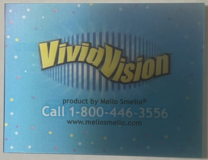 Vivid Vision lenticular card with blue background, colorful dots, yellow 3D logo, and contact details for Mello